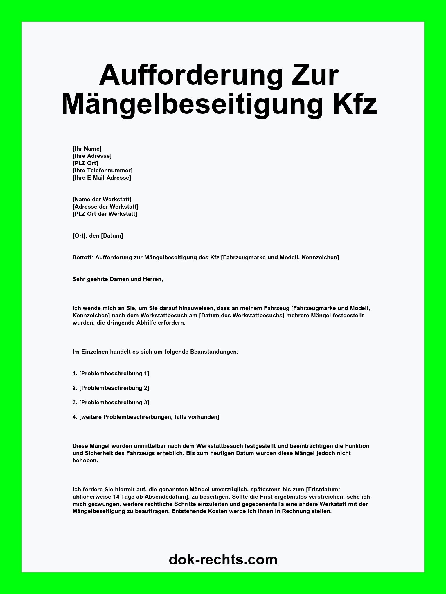 Aufforderung Zur Mängelbeseitigung Kfz