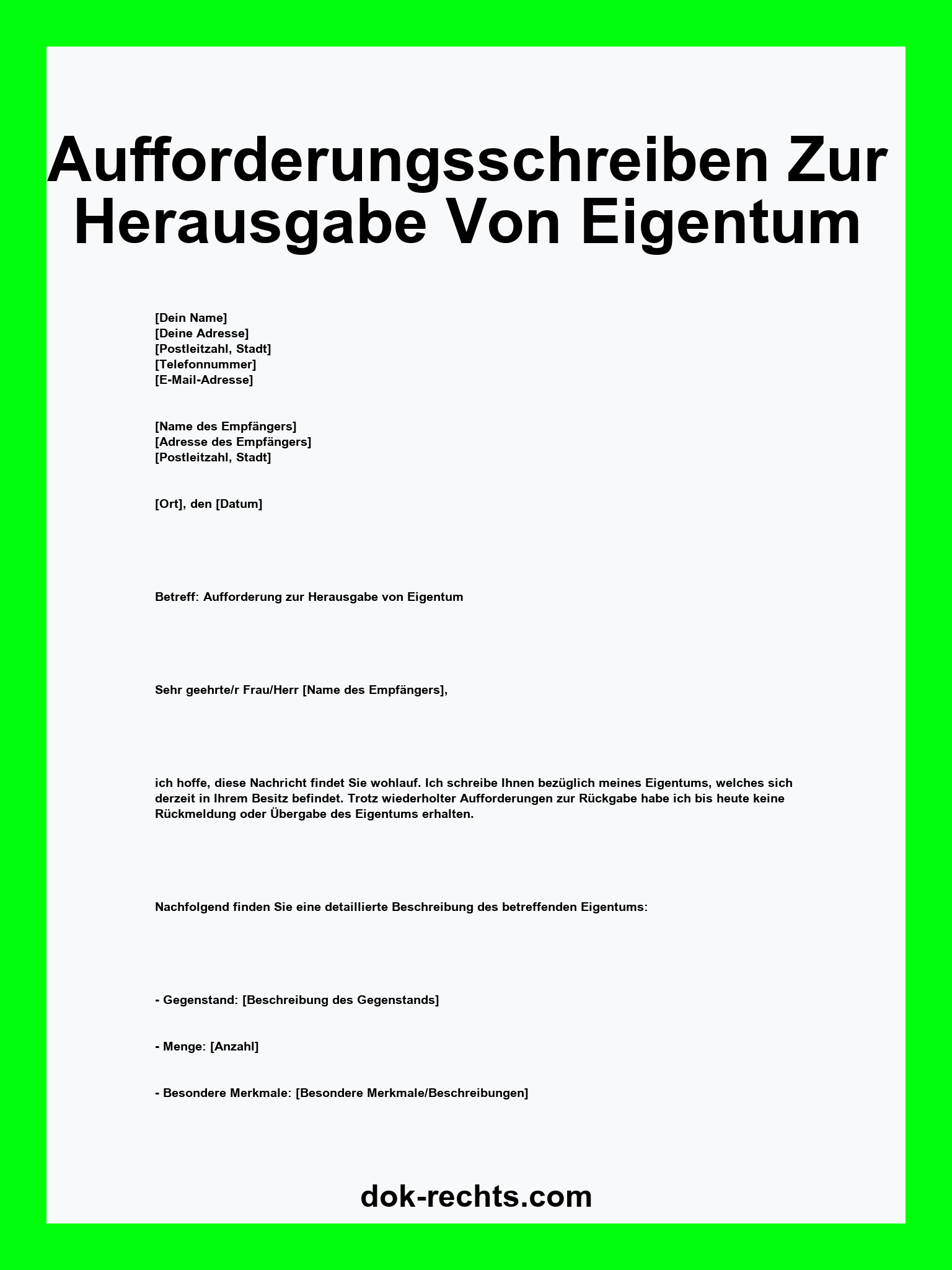 Aufforderungsschreiben Zur Herausgabe Von Eigentum