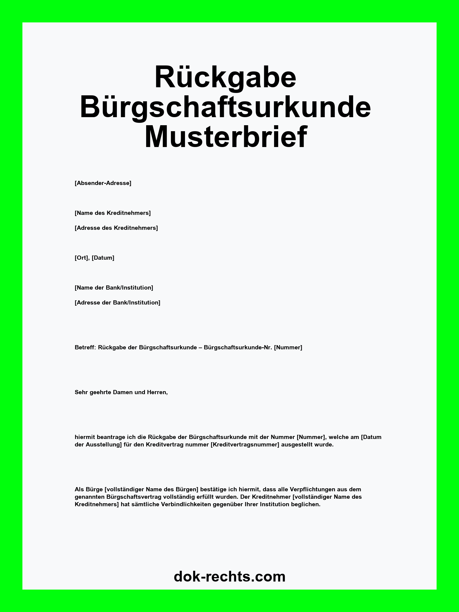 Rückgabe Bürgschaftsurkunde Musterbrief