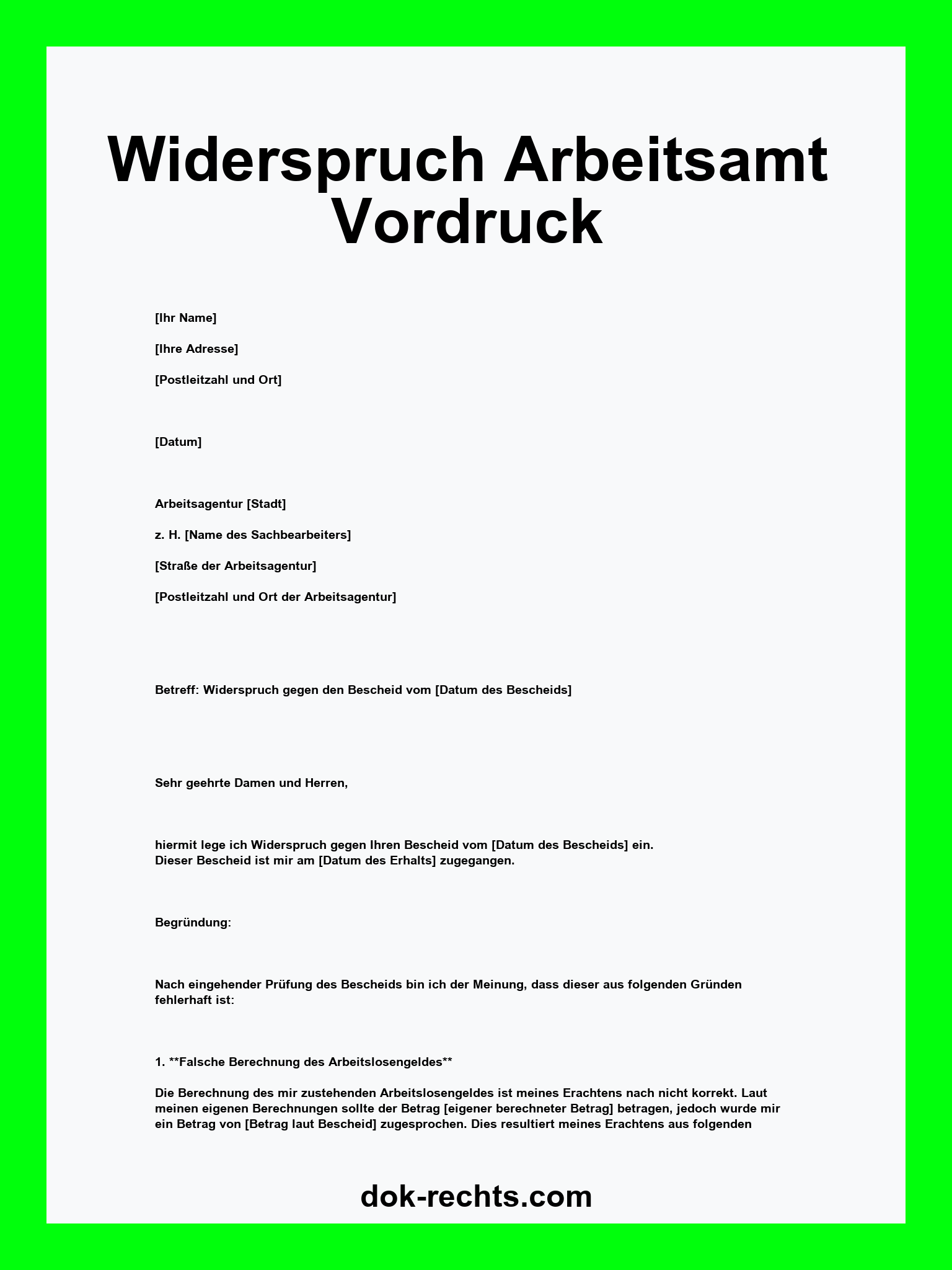 Widerspruch Arbeitsamt Vordruck